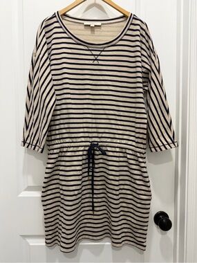 LOFT Cream and Navy Striped Drawstring Waist Dress